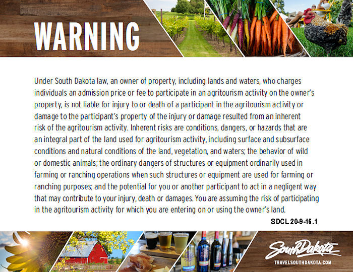 Example of possible signage for South Dakota Agritourism Liability Law