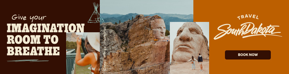 Example of Travel South Dakota 2026 Peak campaign banner with photos of lady looking through a viewfinder of the giant Crazy Horse Memorial with companion detailed shots, including one of the lady and her male partner standing at the base of the over 90-foot tall face of the mountain carving.