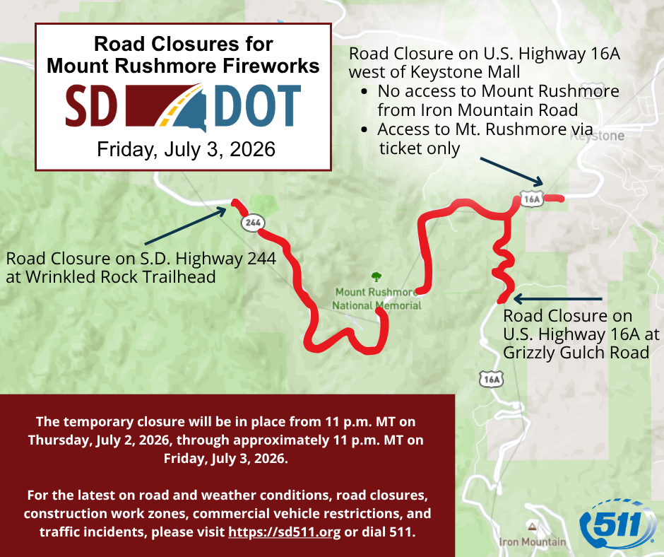 Temporary Road Closures map for Mount Rushmore Fireworks 2026